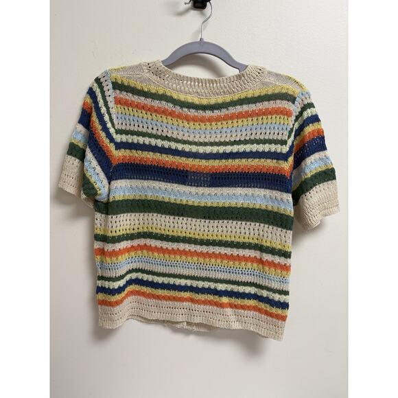 Adora Striped Knit Cardigan S/M Short Sleeve Button Front Crochet Boho Retro - Picture 2 of 5